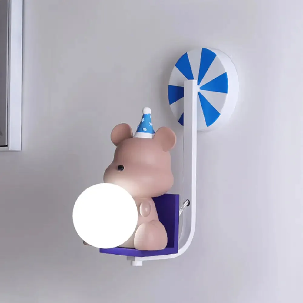 Adorable Birthday Bear Ball Wall Lamp - Cartoon Resin 1-Light Sconce Light