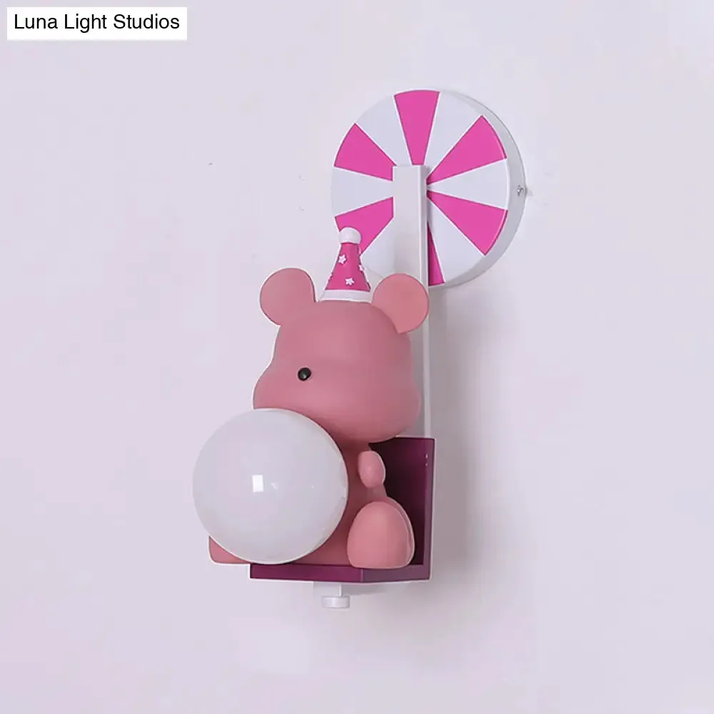 Adorable Birthday Bear Ball Wall Lamp - Cartoon Resin 1-Light Sconce Light