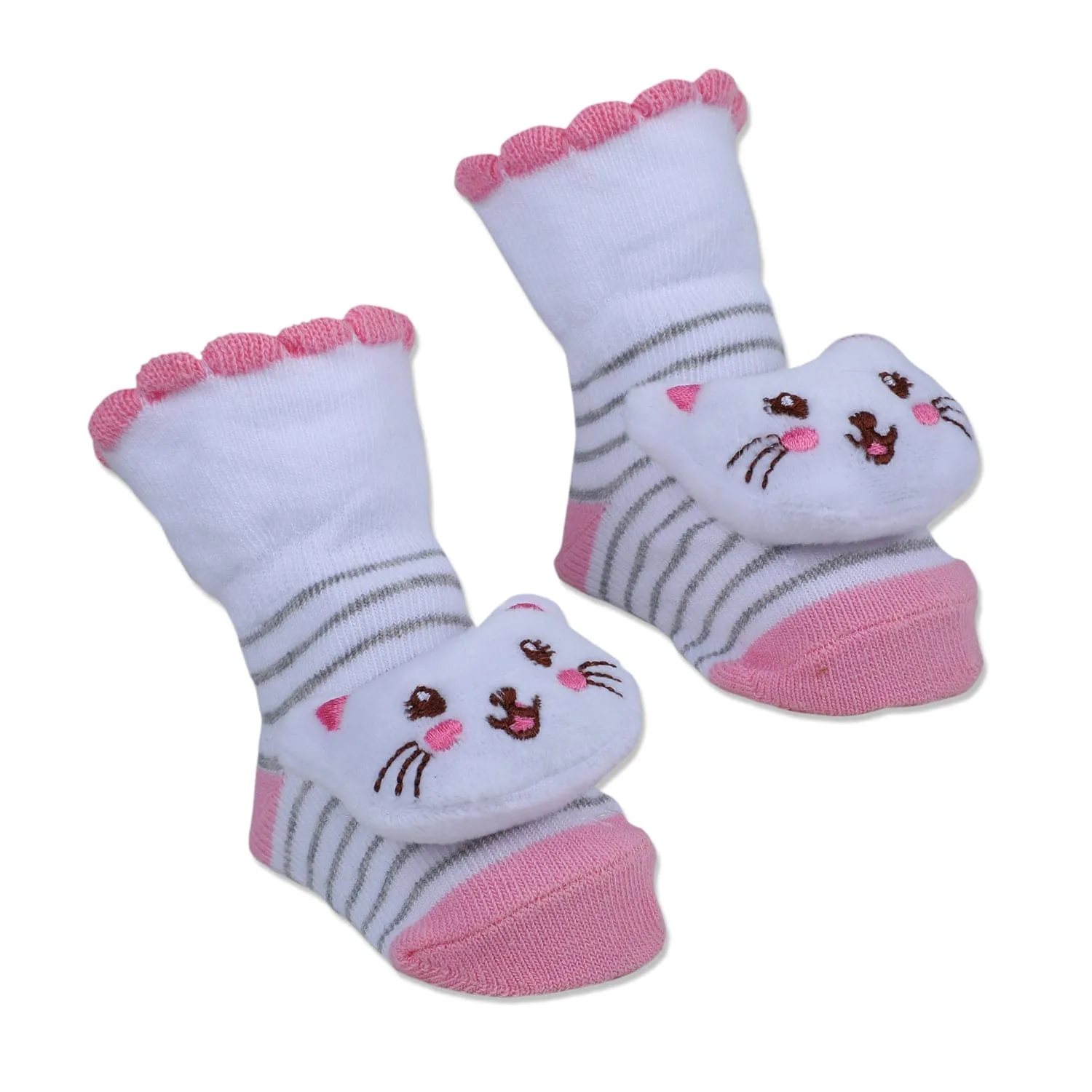 Baby Moo Blushing Kitty Cotton Anti-Skid 3D Socks - White