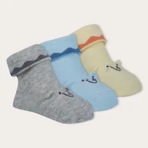 Baby Moo Elephant 3D Anti-Skid Socks Booties Pack of 3 - Blue, Multicolour