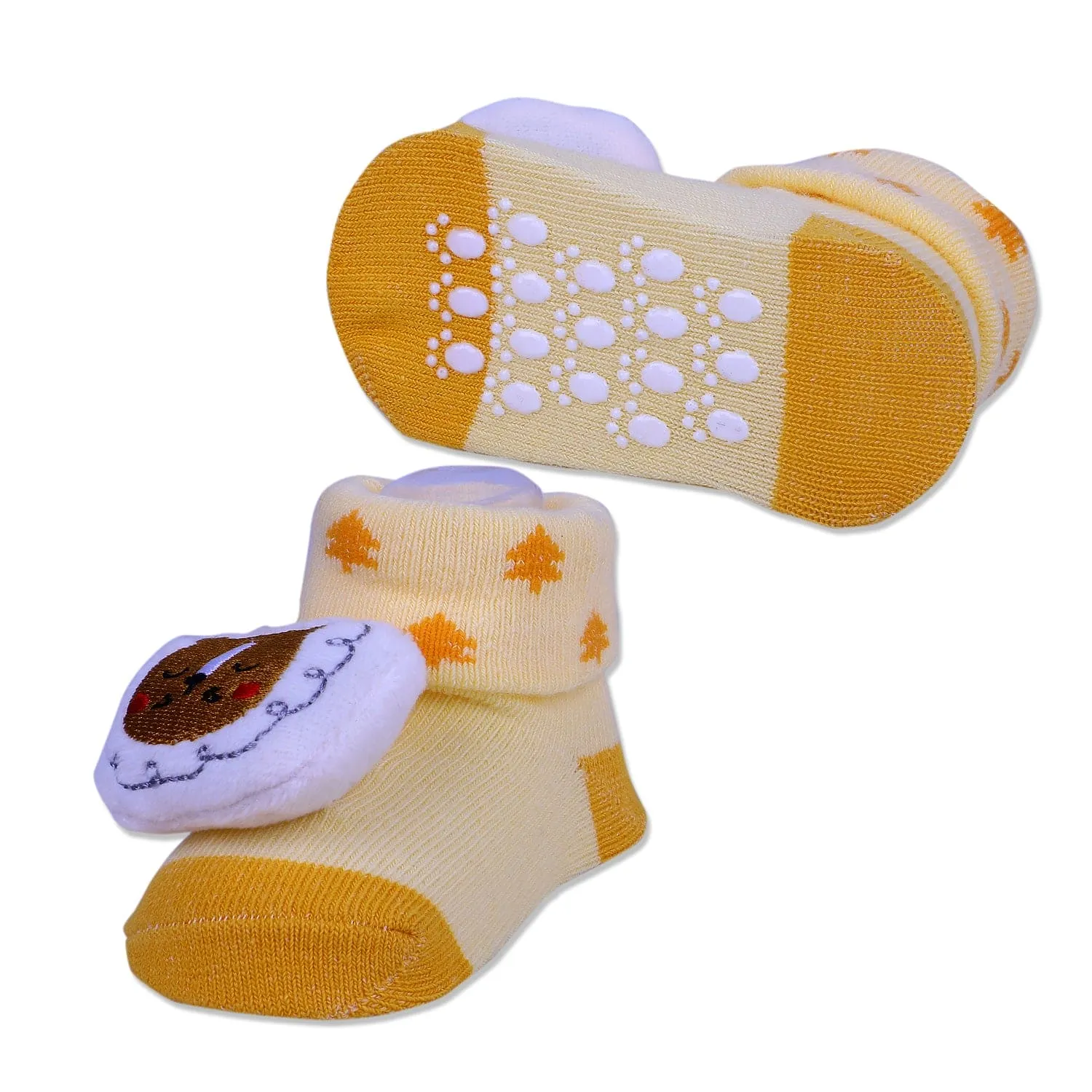 Baby Moo Sleeping Bear Cotton Anti-Skid 3D Socks - Yellow