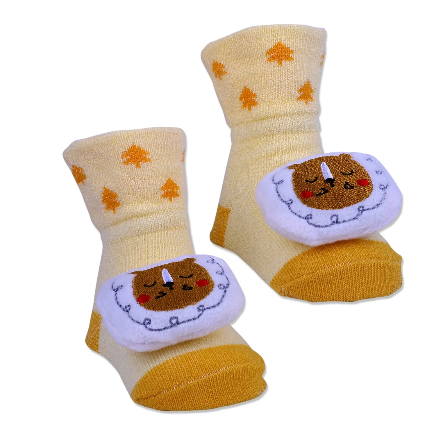 Baby Moo Sleeping Bear Cotton Anti-Skid 3D Socks - Yellow