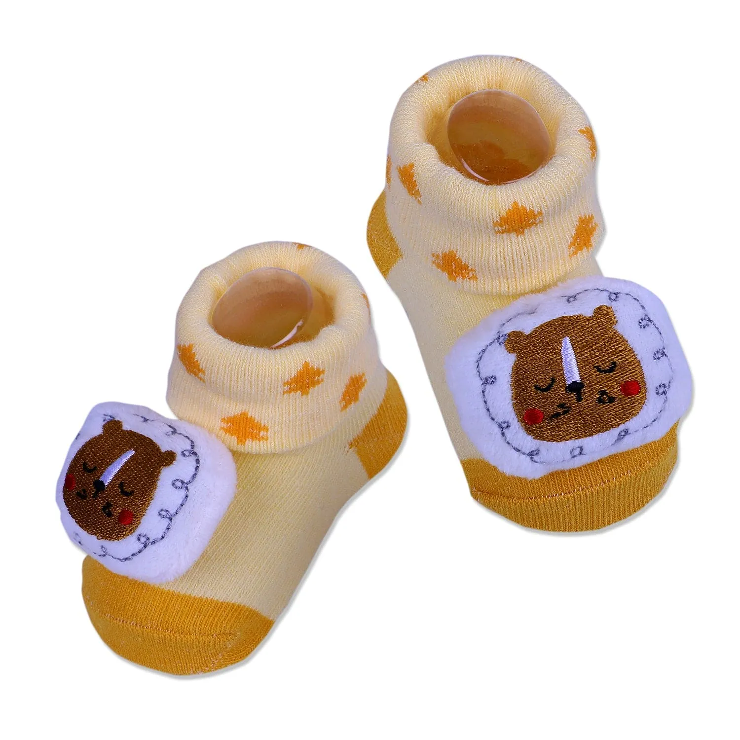 Baby Moo Sleeping Bear Cotton Anti-Skid 3D Socks - Yellow