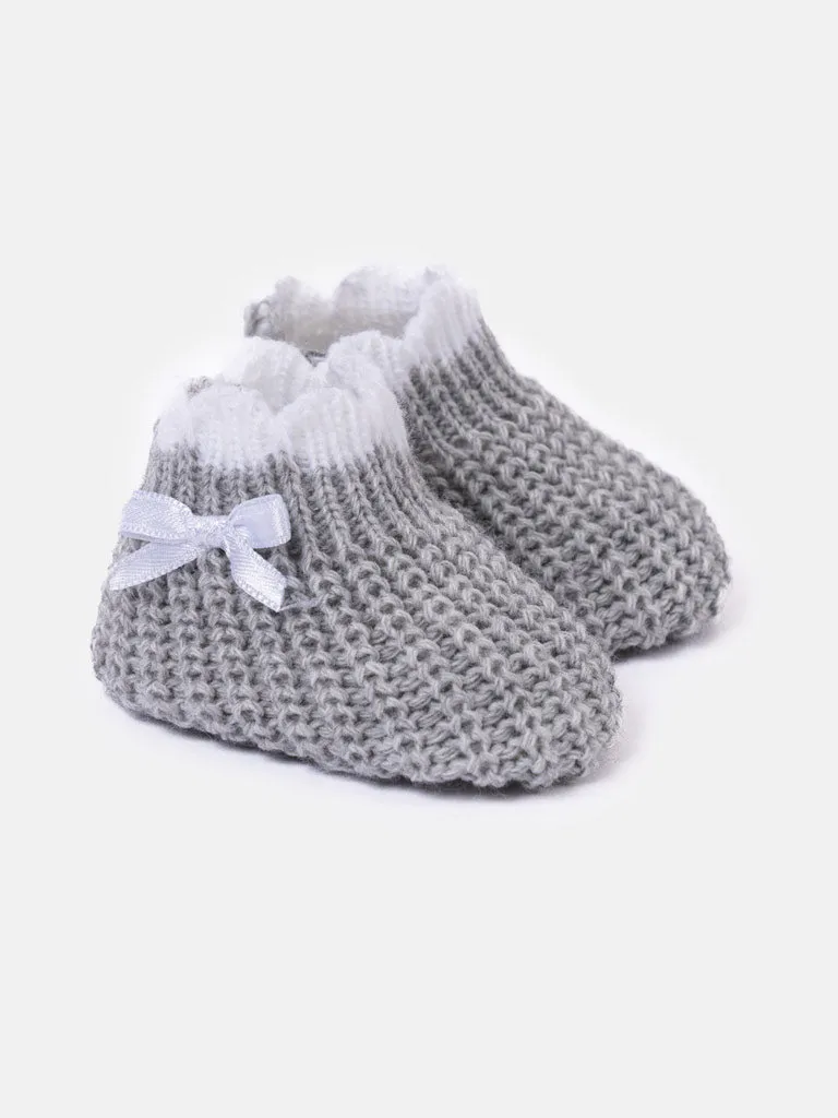 Baby Unisex Knitted Booties with Satin Bow - Grey