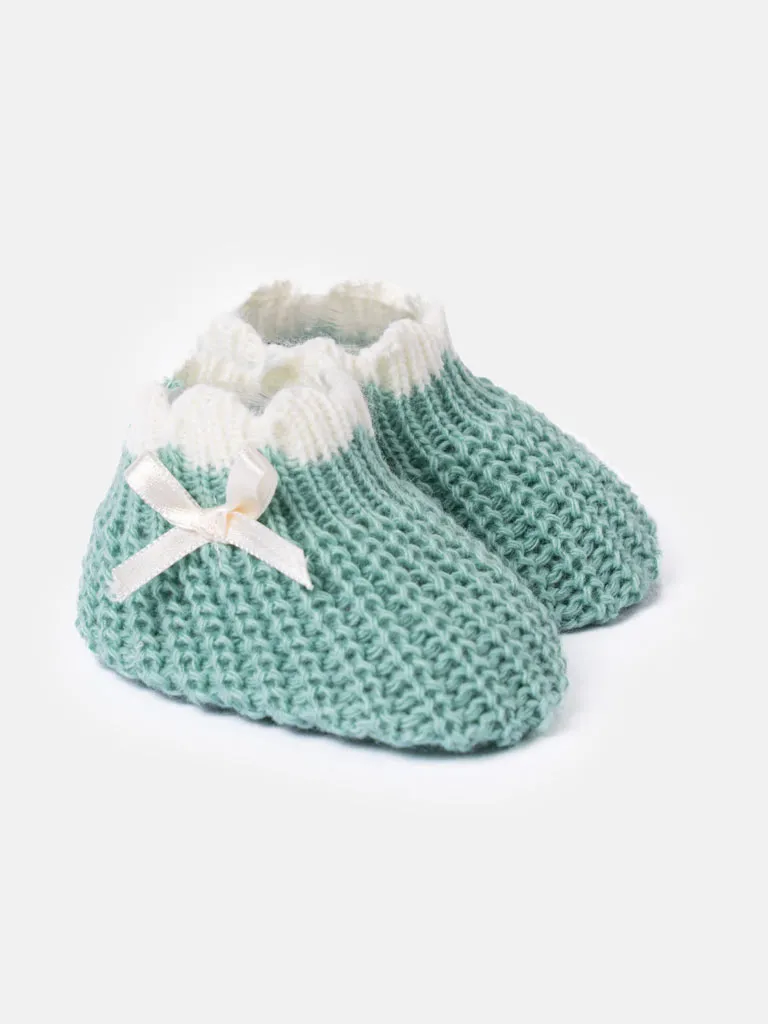 Baby Unisex Knitted Booties with Satin Bow - Mint Green