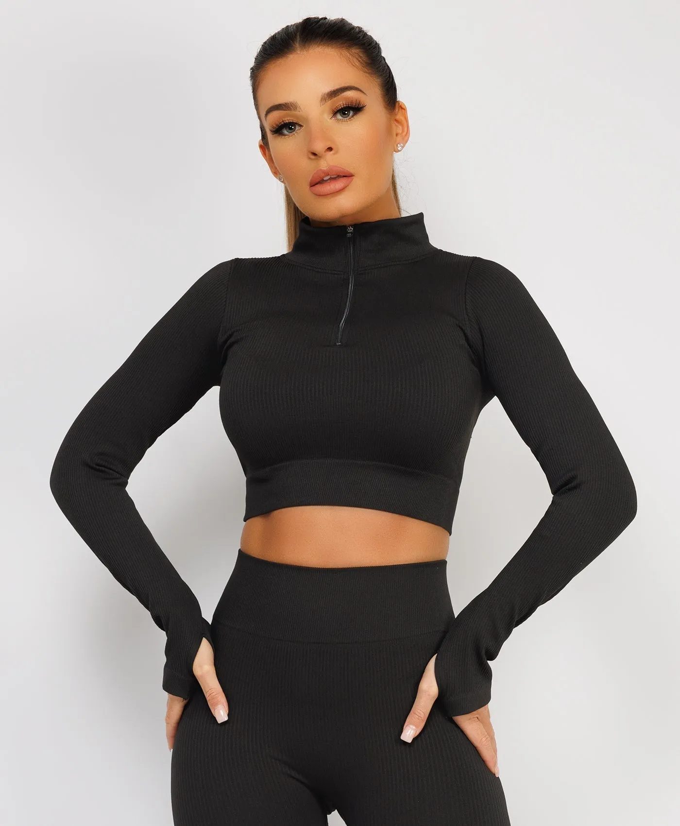 Black Half Zipped Neck Ribbed Activewear Set