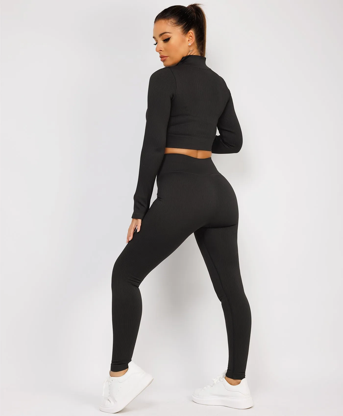 Black Half Zipped Neck Ribbed Activewear Set