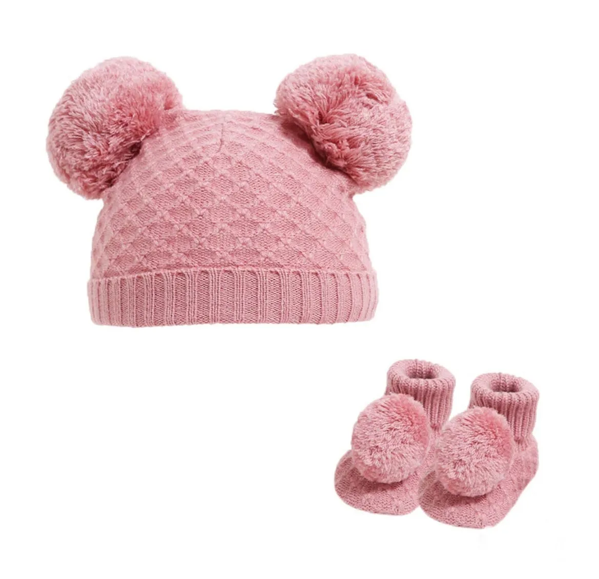 Diamond Knitted Baby Pom Pom Hat and Booties