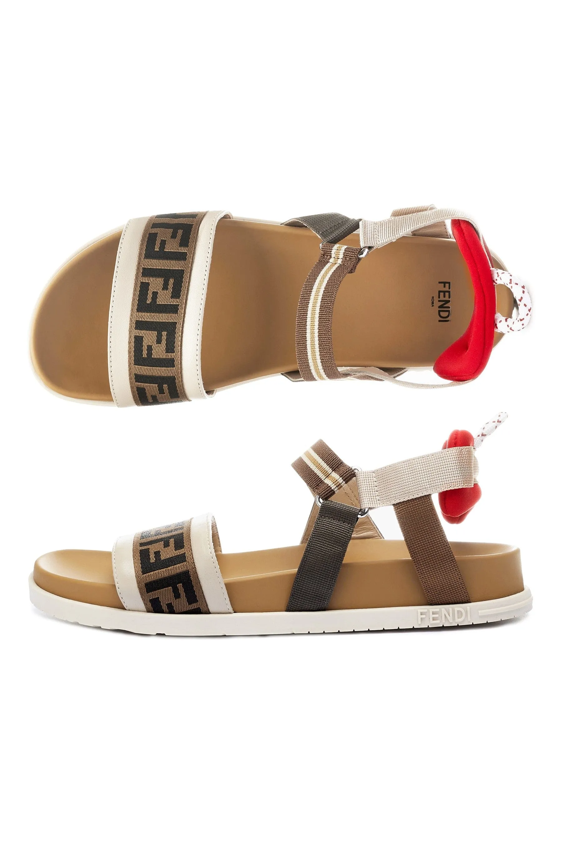 Fendi Kids Leather And Fabric FF Logo Sandals in Beige