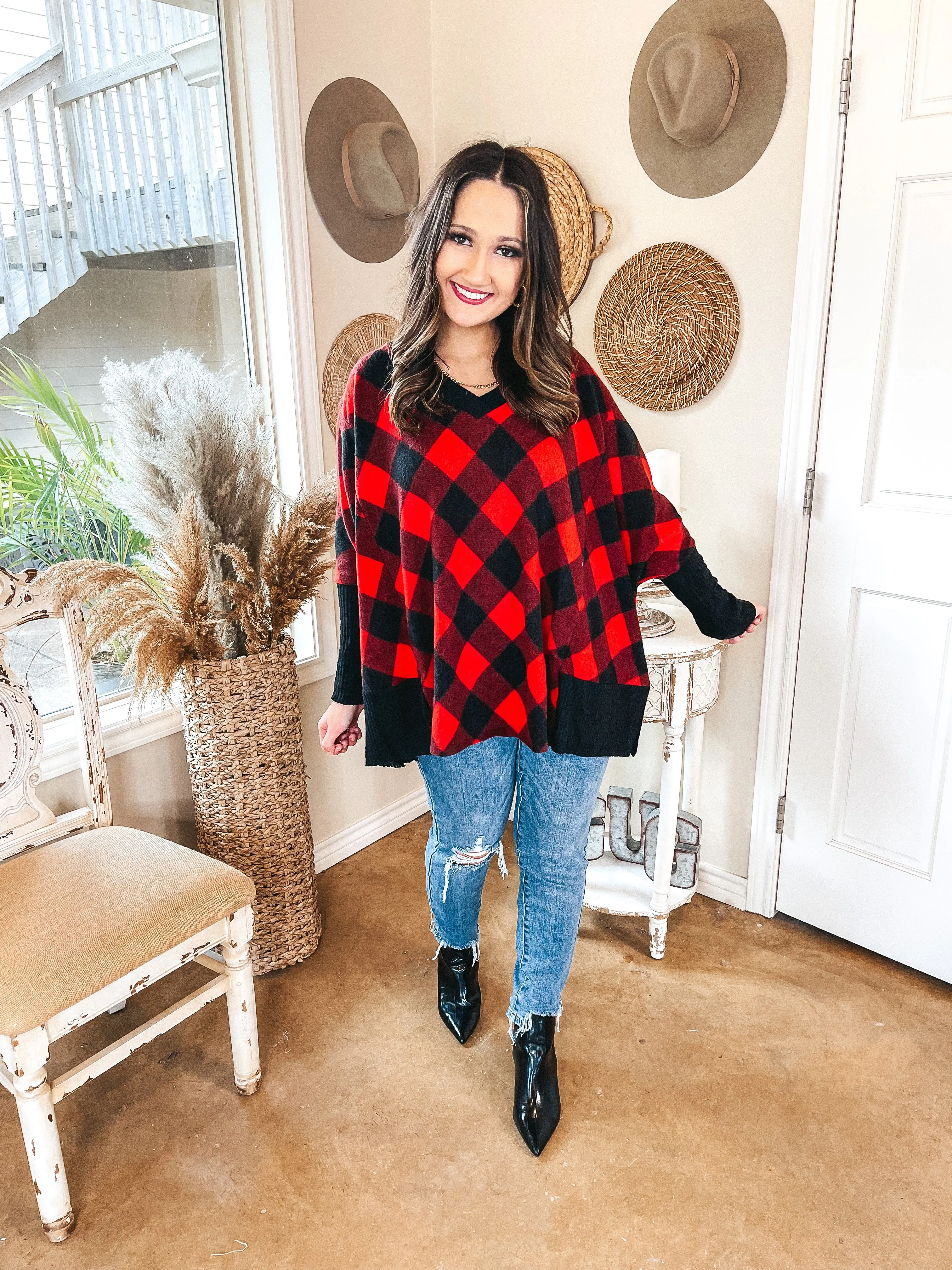 Just Joyful Buffalo Plaid Long Sleeve Shift Top in Red and Black