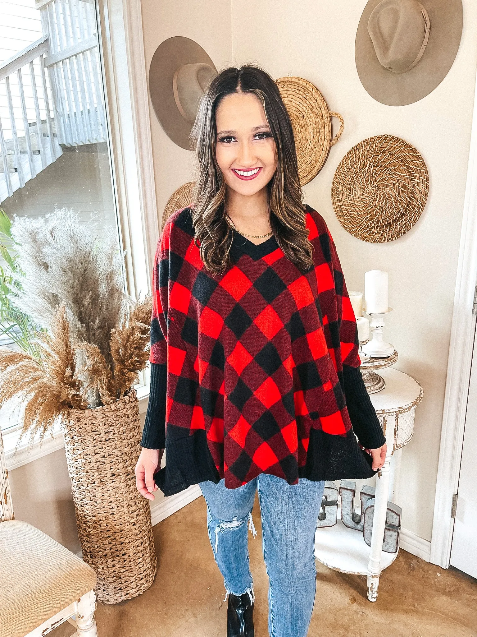 Just Joyful Buffalo Plaid Long Sleeve Shift Top in Red and Black