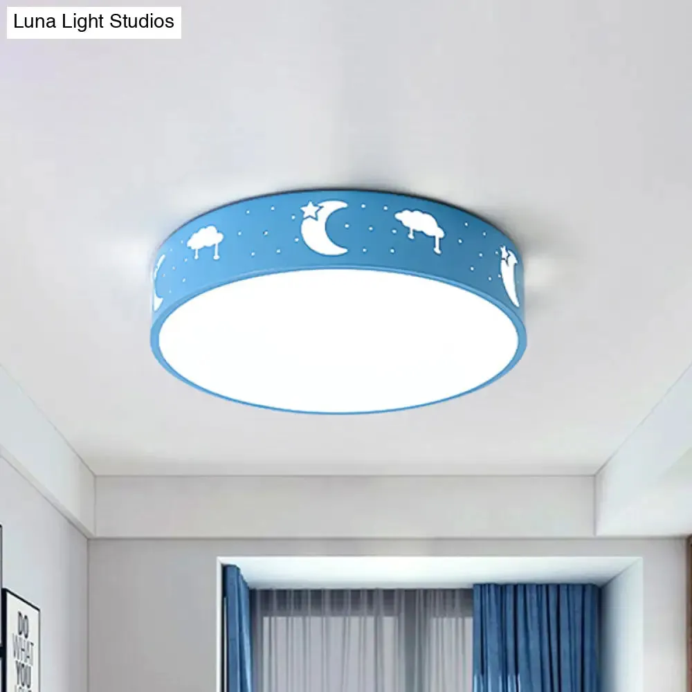 LED Bedroom Flush Mount Ceiling Fixture - Kids Pink/White/Blue Light with Fun Cutouts in Moon, Star, Cube, and Elephant Patterns