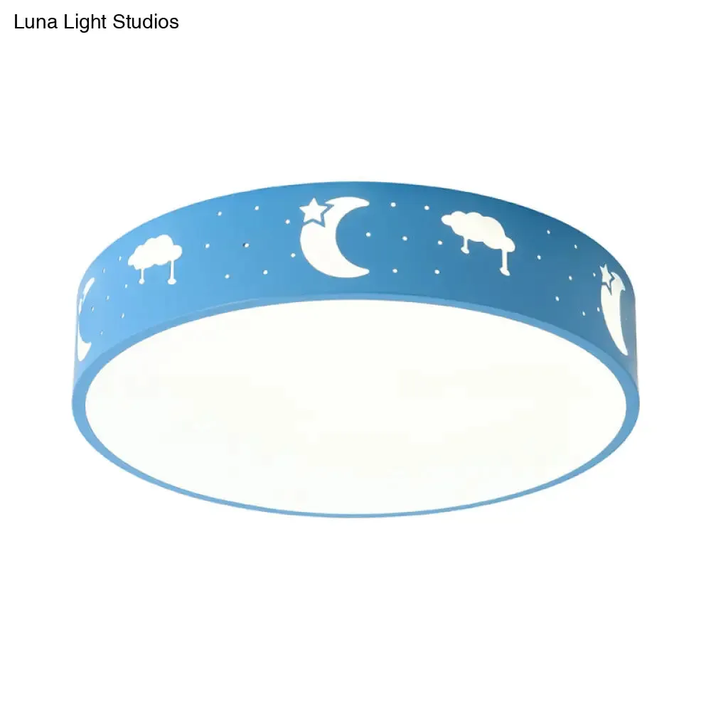 LED Bedroom Flush Mount Ceiling Fixture - Kids Pink/White/Blue Light with Fun Cutouts in Moon, Star, Cube, and Elephant Patterns