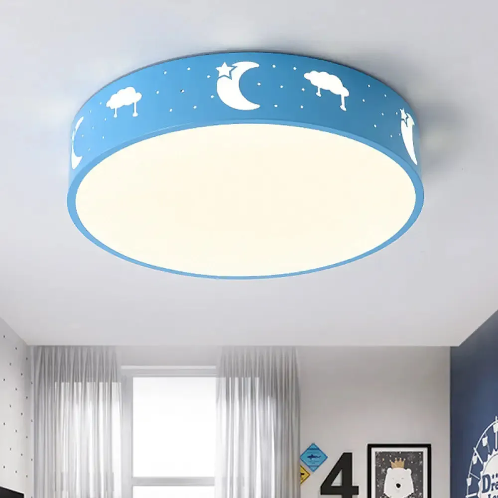 LED Bedroom Flush Mount Ceiling Fixture - Kids Pink/White/Blue Light with Fun Cutouts in Moon, Star, Cube, and Elephant Patterns