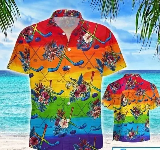 LGBT Pride Month Hawaiian Hockey, Rainbow Hockey Tropical Design Hawaiian Shirt For Gay