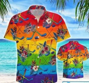 LGBT Pride Month Hawaiian Hockey, Rainbow Hockey Tropical Design Hawaiian Shirt For Gay