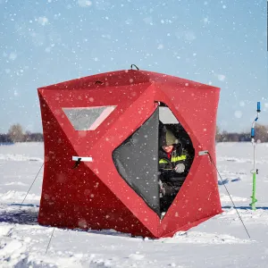 premium 2-4 People Ice Fishing Shelter, Pop-Up Portable Ice Fishing Tent with Carry Bag, Two Doors, Windows and Vents, Ice Shanty for Winter Fishing, Red