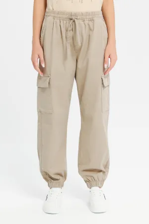 Senior Girls Beige Cargo Pocket Joggers