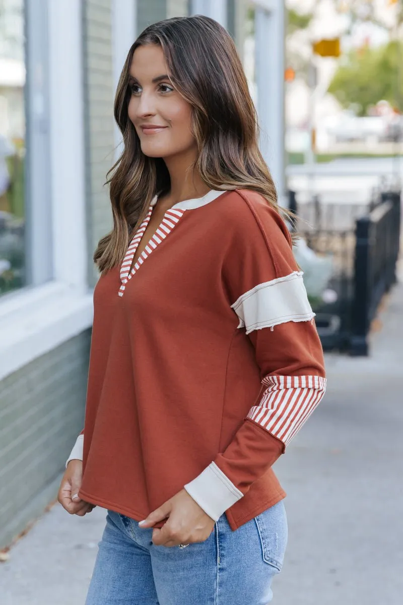 Terracotta Color Block Striped Sweater - DOORBUSTER