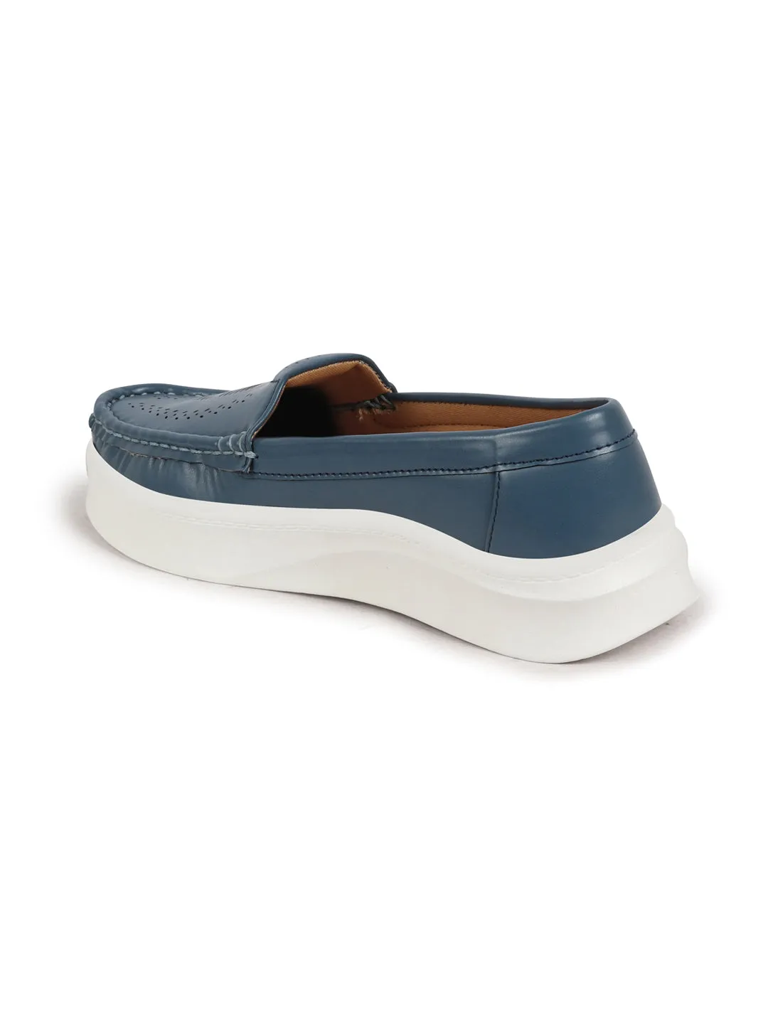 Women Blue Perforation Laser Cut Stitched Casual Slip On Loafer|Work|Outdoor|Slip On Shoes|Office Wear