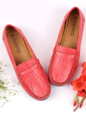 Women Red Stitched Slip On Loafers