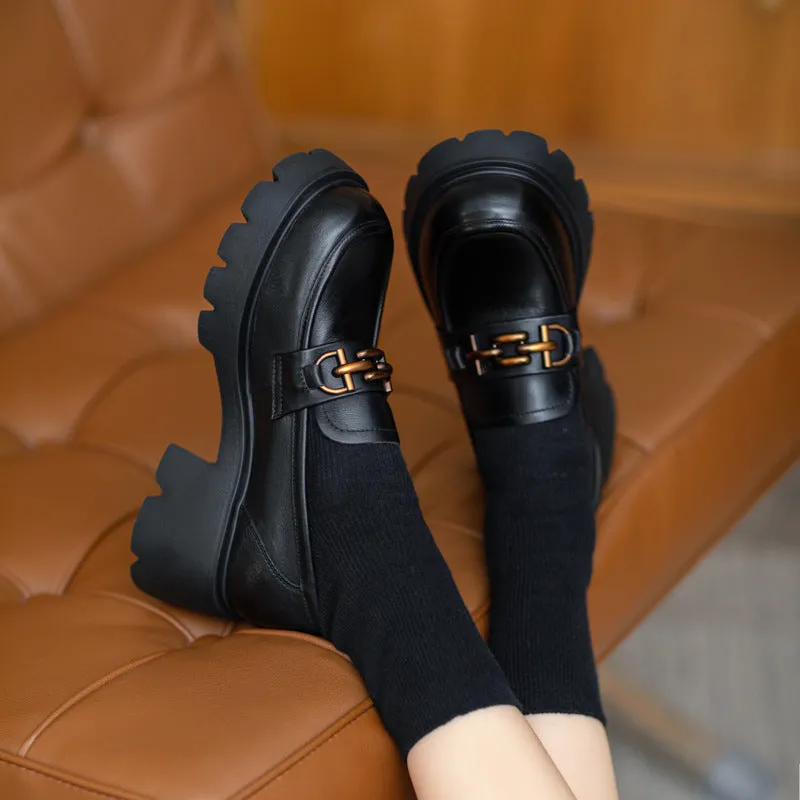 Women Retro Chain Leather Chunky Platform Loafers