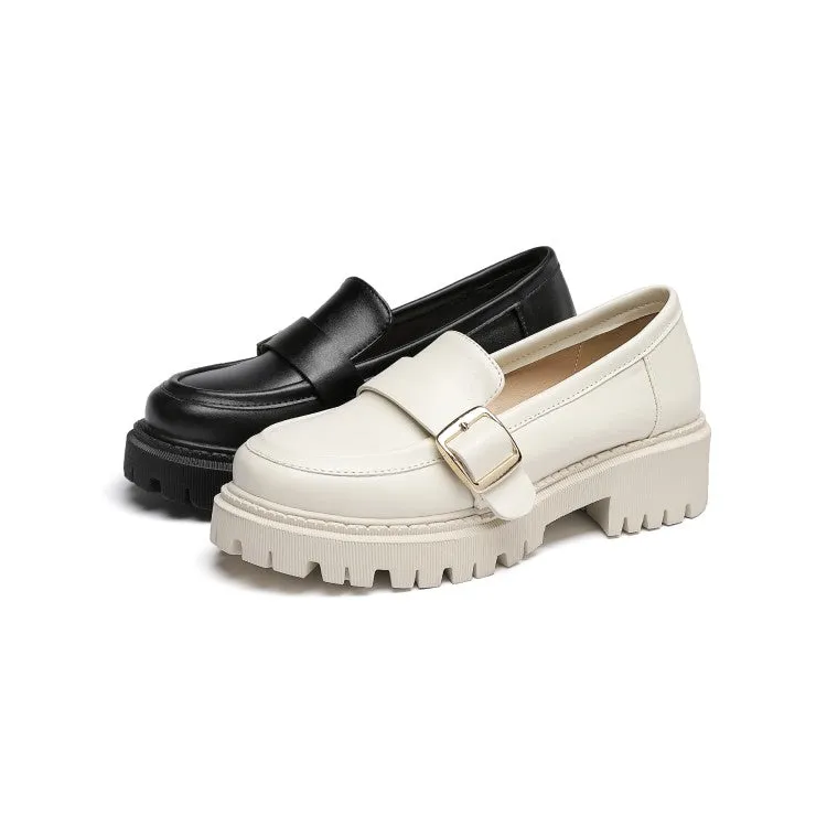 Women's Round Toe Buckle Straps Platform Slip-On Loafers