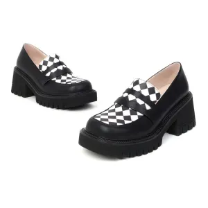 Women's Square Toe Shallow Block Chunky Heel Platform Loafers