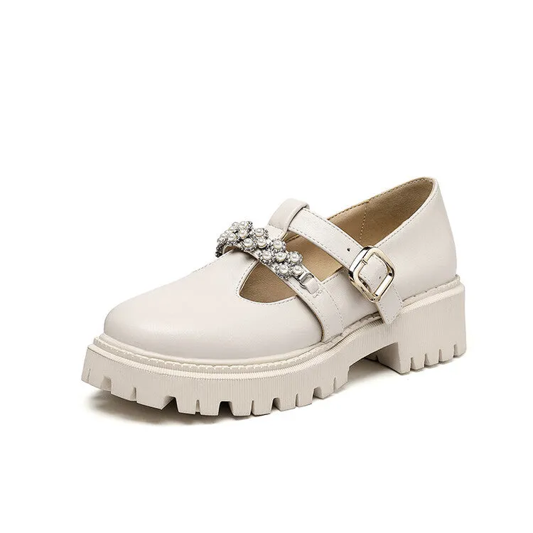 Women's T Strap Rhinestone Platform Slip-On Loafers