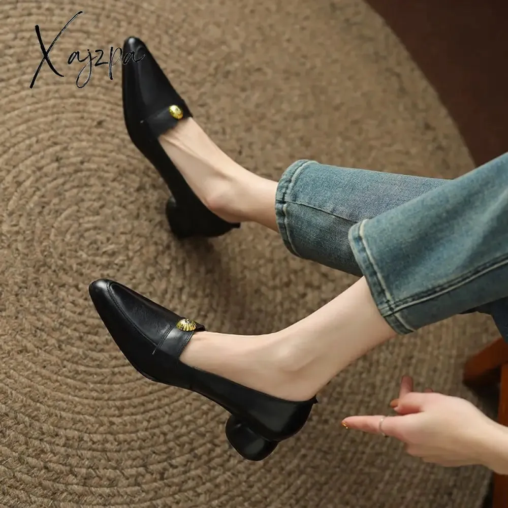 Xajzpa - 2023 new Spring women pumps natural leather 22-24.5cm cowhide upper pointed toe metal Vintage loafers round heels women&#39;s shoes