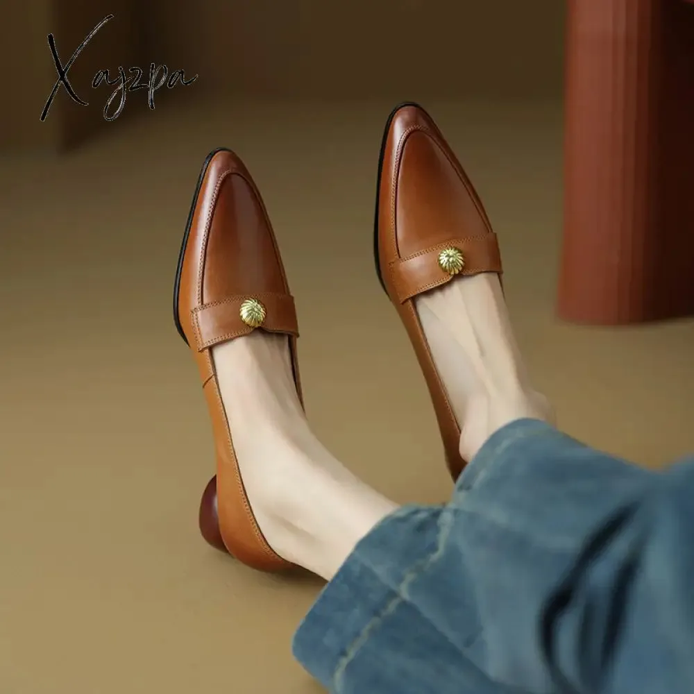 Xajzpa - 2023 new Spring women pumps natural leather 22-24.5cm cowhide upper pointed toe metal Vintage loafers round heels women&#39;s shoes