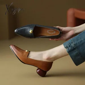 Xajzpa - 2023 new Spring women pumps natural leather 22-24.5cm cowhide upper pointed toe metal Vintage loafers round heels women&#39;s shoes