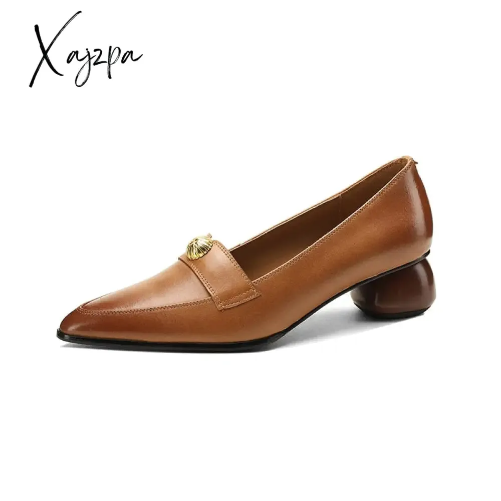 Xajzpa - 2023 new Spring women pumps natural leather 22-24.5cm cowhide upper pointed toe metal Vintage loafers round heels women&#39;s shoes